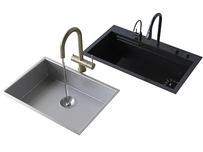 Stainless Steel And Black Kitchen Sinks With Golden Faucet And Control Features 3d model