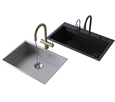 Stainless Steel And Black Kitchen Sinks With Golden Faucet And Control Features 3d model