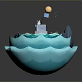Creative 3D Artwork Featuring Blue Wave Base Small Boat Red Cross And Yellow Sphere
