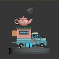 Colorful Food Truck Model with Pink Teapot on Top and Blue Design
