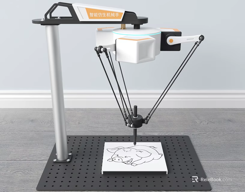 Smart Machine With Robotic Arm Drawing Detailed Cat Sketch On Platform 3d model 