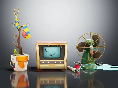 Vintage TV With Broken Screen Green Fan And Potted Plant With Colorful Flags 3d model