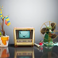 Vintage TV With Broken Screen Green Fan And Potted Plant With Colorful Flags