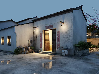 Ancient Chinese Village House With White Walls Black Tiles Eaves And Red Couplets After Rain 3d model