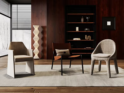 Modern Accent Chairs In Stylish Living Room With Wooden Shelves Carpet And Geometric Floor Lamp 3d model