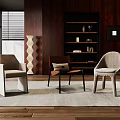 Modern Accent Chairs In Stylish Living Room With Wooden Shelves Carpet And Geometric Floor Lamp