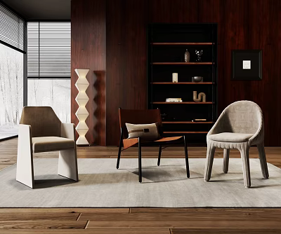 Modern Accent Chairs In Stylish Living Room With Wooden Shelves Carpet And Geometric Floor Lamp 3d model
