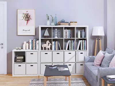 White Bookcase With Books And Decorative Items In Modern Living Room Sofa And Coffee Table 3d model