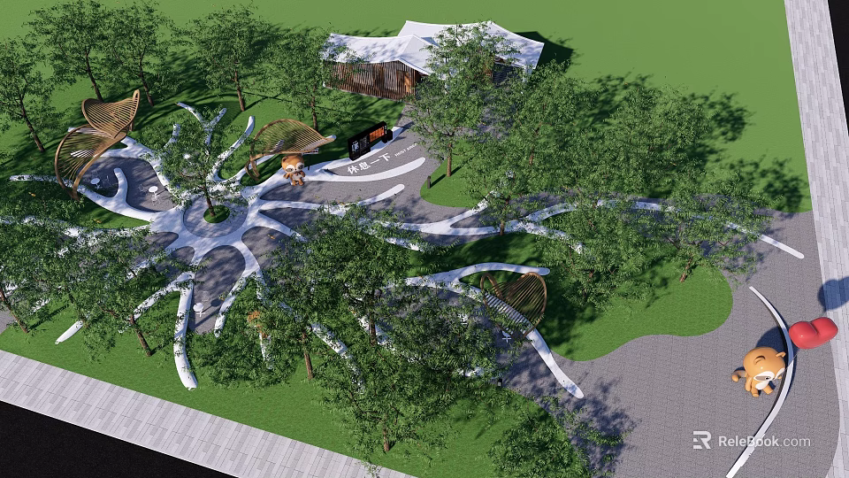 Scenic Park Landscape With Winding Paths Lush Green Trees And Pavilion Structure 3d model 