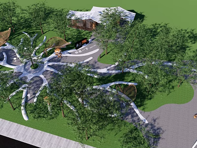 Scenic Park Landscape With Winding Paths Lush Green Trees And Pavilion Structure 3d model