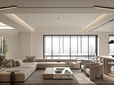 Modern Apartment Living Room With Spacious Sofa And Large Windows 3d model