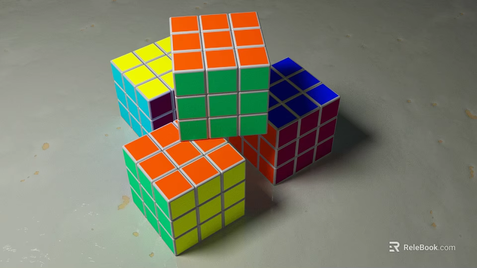 Colorful Rubik's Cubes Stacked With Vibrant Multicolored Faces On Gray Surface 3d model 