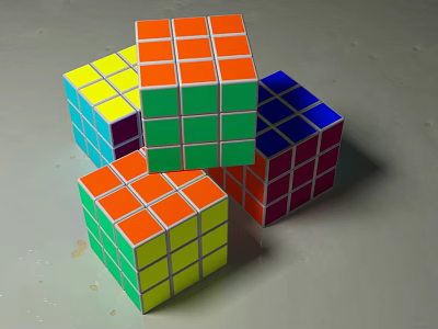 Colorful Rubik's Cubes Stacked With Vibrant Multicolored Faces On Gray Surface 3d model