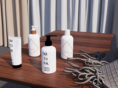 Natural Cleansing Products Bottles On Wooden Table With Curtains And Gray Woven Fabric 3d model