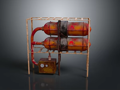 Two Rusted Gas Cylinders on Metal Stand with Red Pipes and Gauge Device 3d model