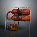Two Rusted Gas Cylinders on Metal Stand with Red Pipes and Gauge Device