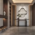 Chinese Style Foyer Passageway With Round Landscape Painting Bonsai Plant Marble Countertop And Wooden Screen