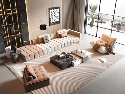 Elegant Modern Sofa and Coffee Table Set With Beige Striped Cushions Black Marble and Rug 3d model