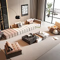 Elegant Modern Sofa and Coffee Table Set With Beige Striped Cushions Black Marble and Rug