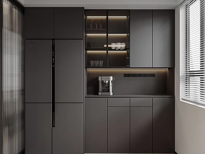 Modern Dark Wine Cabinet With Glass Shelves And Built in Lighting In Kitchen 3d model