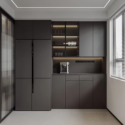 Modern Dark Wine Cabinet With Glass Shelves And Built in Lighting In Kitchen 3d model