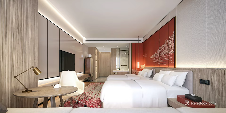 Modern Hotel Guest Room With Twin Beds White Bedding Red Decorative Wall Round Table And Carpet 3d model 