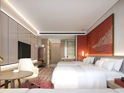 Modern Hotel Guest Room With Twin Beds White Bedding Red Decorative Wall Round Table And Carpet 3d model
