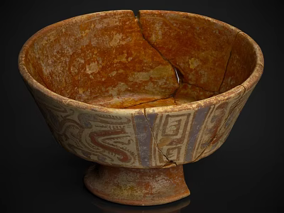 Ancient Cracked Ceramic Bowl With Decorative Patterns And Pedestal Base In Rustic Brown Tone 3d model