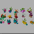 Colorful Cartoon Style Plants With Various Shapes And Vibrant Colors On Black Background