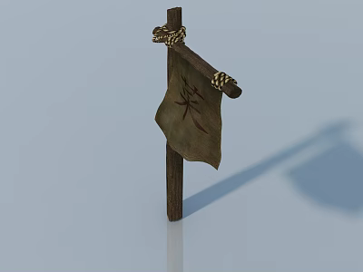Wooden Swing Door With Hanging Cloth Flag Red Characters And Light Blue Background 3d model