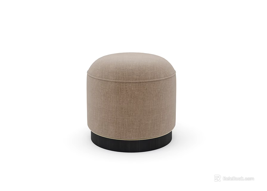 Modern Beige Round Ottoman with Linen Fabric and Black Base 3d model