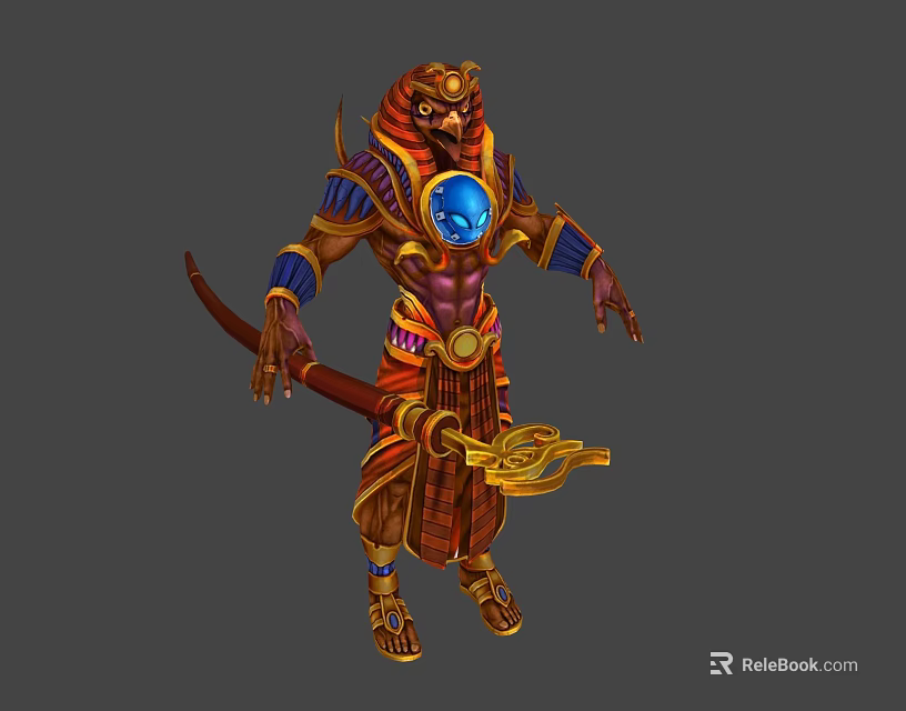 Egyptian Mythical Warrior Character With Blue Gem And Ornate Golden Red Armor Staff 3d model 