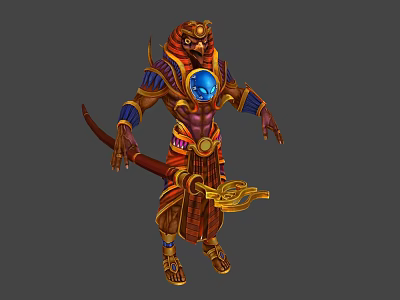 Egyptian Mythical Warrior Character With Blue Gem And Ornate Golden Red Armor Staff 3d model