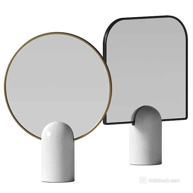 Modern Mirrors With Round Gold Frame And Distinct Shaped Black Frame On White Marble Base 3d model 