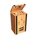 Wooden Device With Open Lid Control Panel And Storage Compartment Structure