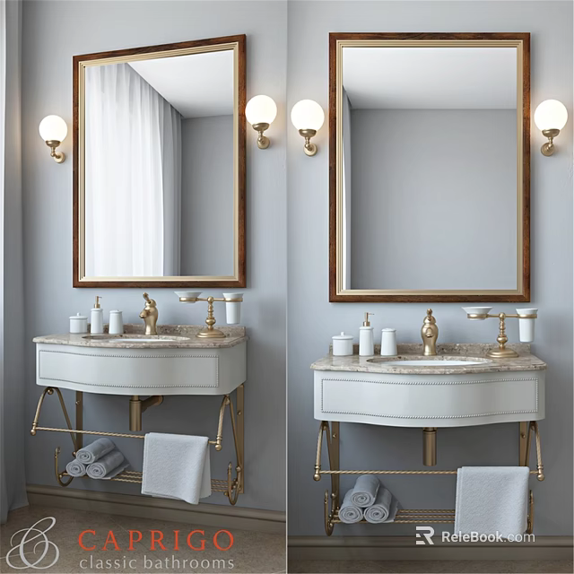 Elegant White Bathroom Vanity With Gold Fixtures Mirror And Wall Lamps 3d model 