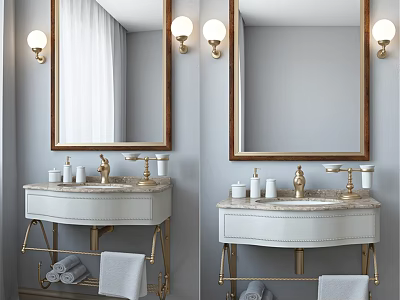 Elegant White Bathroom Vanity With Gold Fixtures Mirror And Wall Lamps 3d model