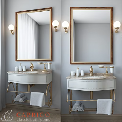 Elegant White Bathroom Vanity With Gold Fixtures Mirror And Wall Lamps 3d model