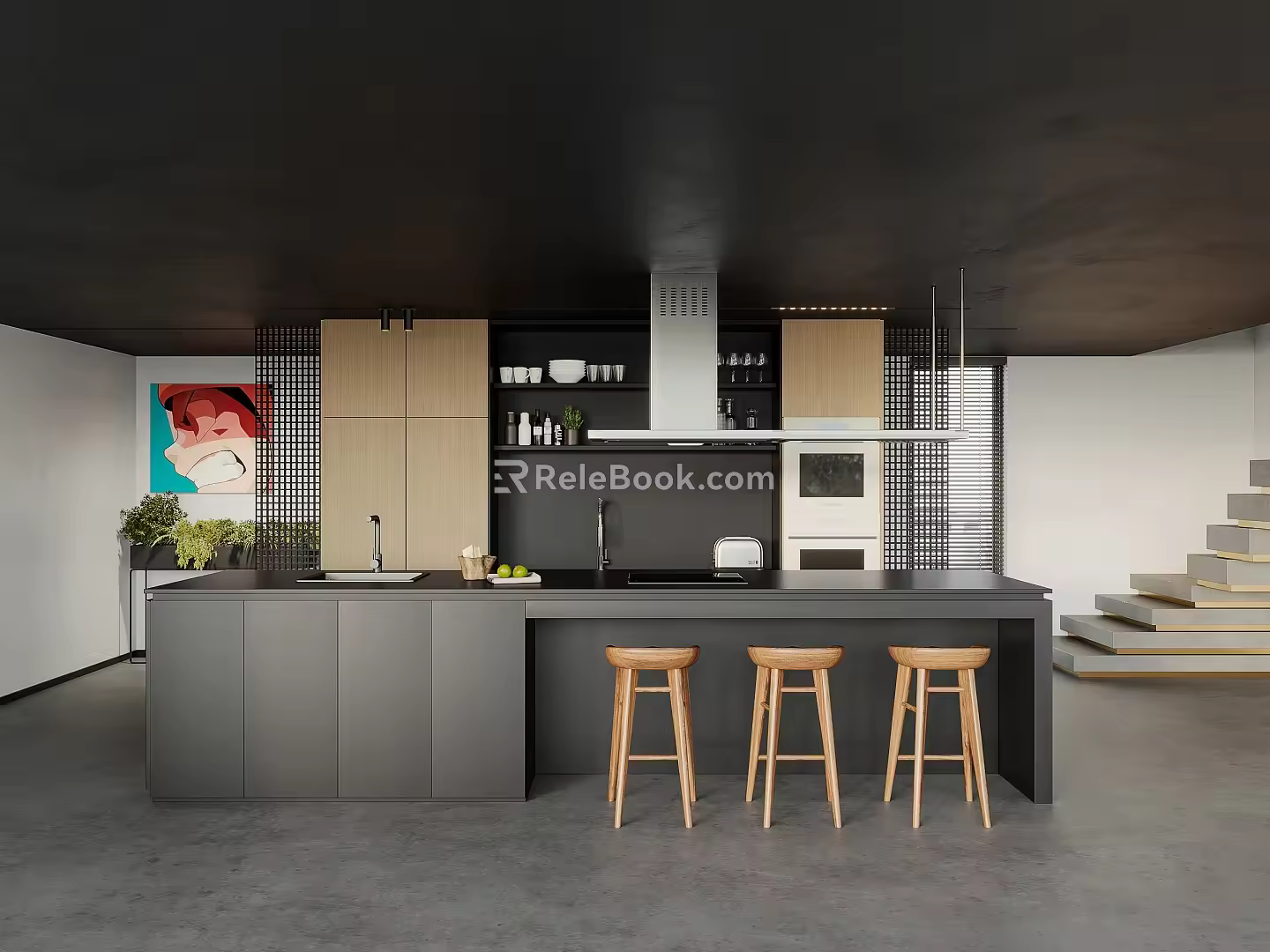 Modern Kitchen Minimalist Open Kitchen Island Table Breakfast Table Combination Creative Island Table and Chair Combination Kitchen Island Range Hood Ornaments 3d model