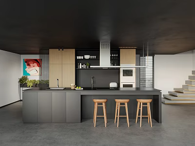 Modern Kitchen Minimalist Open Kitchen Island Table Breakfast Table Combination Creative Island Table and Chair Combination Kitchen Island Range Hood Ornaments 3d model