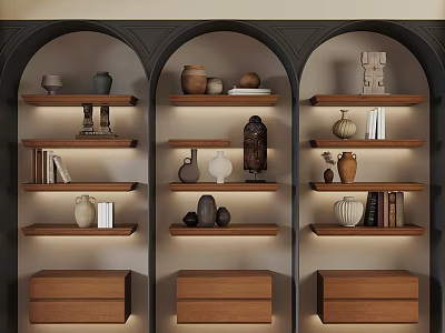 Modern Wooden Arched Bookcase With Multiple Shelves Decorative Vases Books Drawers And Lighting 3d model