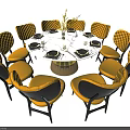 Round Dining Table Set With White Tabletop Gold Base And Yellow Black Chairs