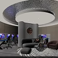 Hotel Guest Room With Circular Corrugated Ceiling Ambient Lighting Decorative Column Workstations And Sofa Seating