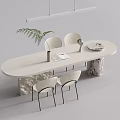 Cream Style Dining Table and Chair Combination Island Table Dining Table and Chair Long Dining Table Long Strip Linear Chandelier Stone 3d model