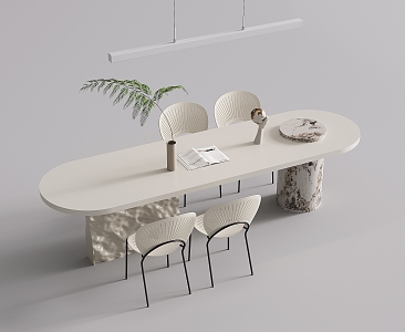 Cream Style Dining Table and Chair Combination Island Table Dining Table and Chair Long Dining Table Long Strip Linear Chandelier Stone 3d model