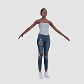 Woman In Strapless Gray Top And Ripped Skinny Blue Jeans Full Body Pose