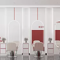 Modern Hair Salon Interior With White Walls Red Accents Arched Mirrors And Styling Chairs