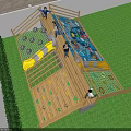 Kindergarten Outdoor Playground with Wooden Fence Green Lawn Colorful Slide Climbing Net and Kids Adults