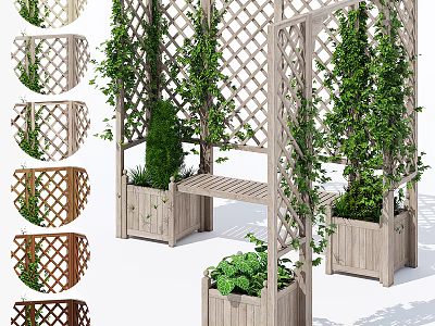 Wooden Garden Lattice Structure With Climbing Plants Planter Boxes And Bench 3d model