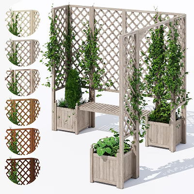 Wooden Garden Lattice Structure With Climbing Plants Planter Boxes And Bench 3d model